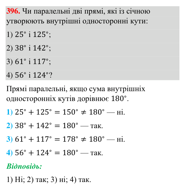 Завдання 396 Відповідь до завдання 396 (с. 104) з геометрії для 7 класу (Бурда, 2024): Ознаки паралельності прямих