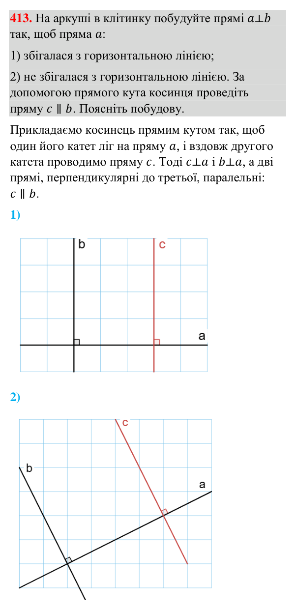 Відповідь до завдання 413 (с. 105) з геометрії для 7 класу (Бурда, 2024): Ознаки паралельності прямих