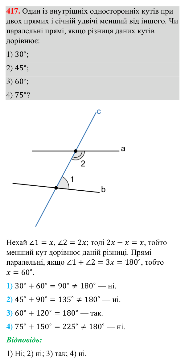 Відповідь до завдання 417 (с. 106) з геометрії для 7 класу (Бурда, 2024): Ознаки паралельності прямих