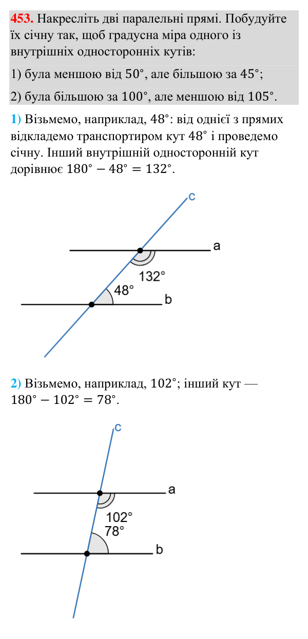 Відповідь до завдання 453 (с. 115) з геометрії для 7 класу (Бурда, 2024): Властивості паралельних прямих