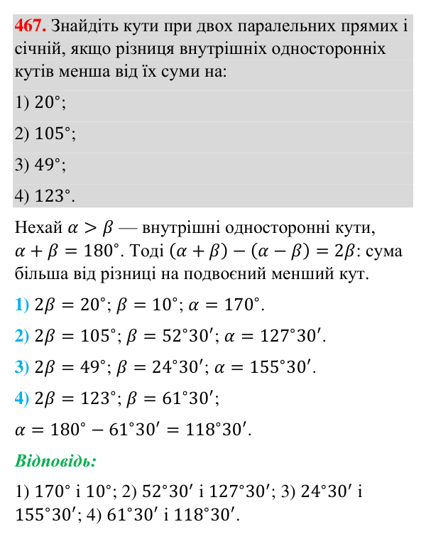 Завдання 467 Відповідь до завдання 467 (с. 116) з геометрії для 7 класу (Бурда, 2024): Властивості паралельних прямих