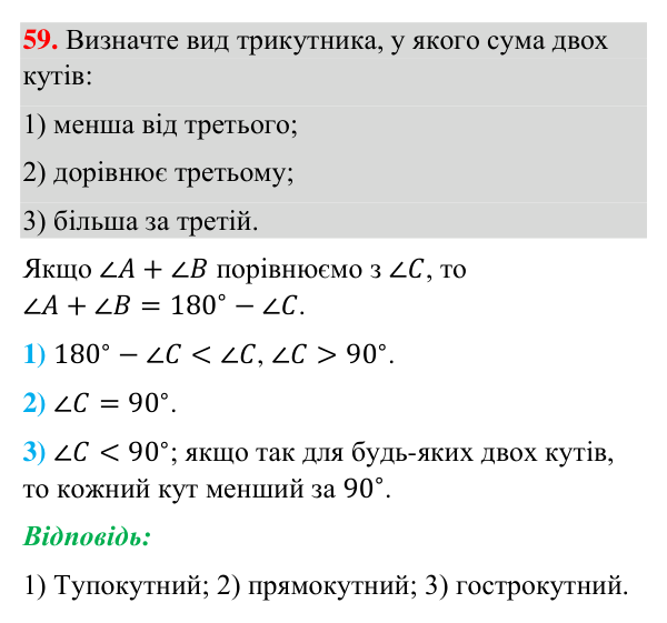 Завдання 59 (повторення вивченого) Відповідь до завдання 59 (с. 247) з повторення вивченого з геометрії для 7 класу (Бурда, 2024): Трикутники