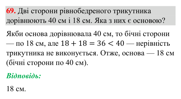 Завдання 69 (повторення вивченого) Відповідь до завдання 69 (с. 248) з повторення вивченого з геометрії для 7 класу (Бурда, 2024): Трикутники