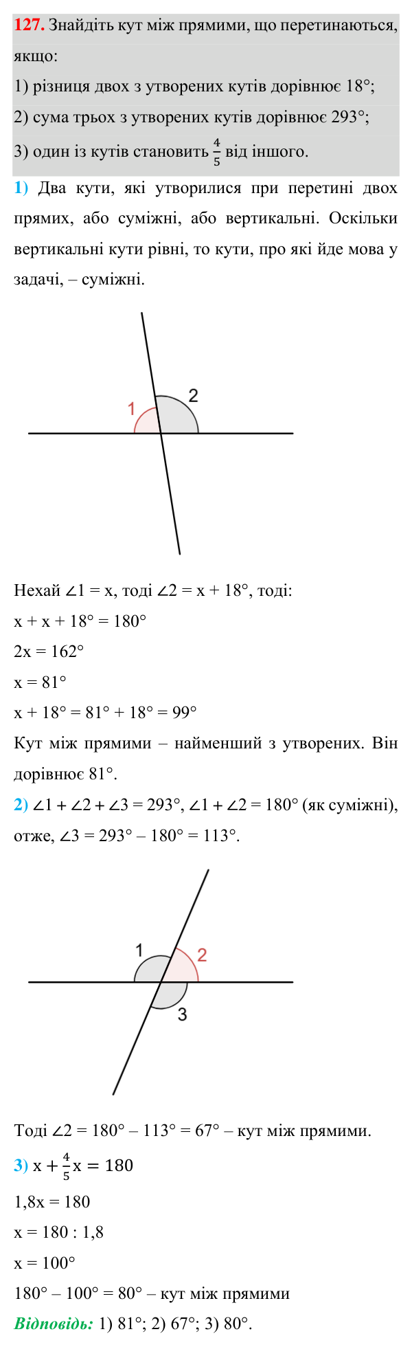 Відповідь до завдання 127 (с. 39) з геометрії для 7 класу (Істер, 2024): Вертикальні кути. Кут між двома прямими, що…
