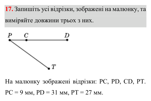 Відповідь до завдання 17 (с. 16) з геометрії для 7 класу (Істер, 2024): Відрізок. Вимірювання відрізків. Відстань між двома…