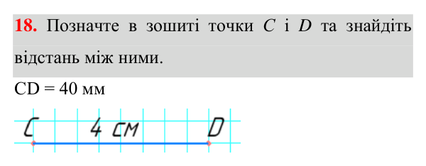 Відповідь до завдання 18 (с. 16) з геометрії для 7 класу (Істер, 2024): Відрізок. Вимірювання відрізків. Відстань між двома…