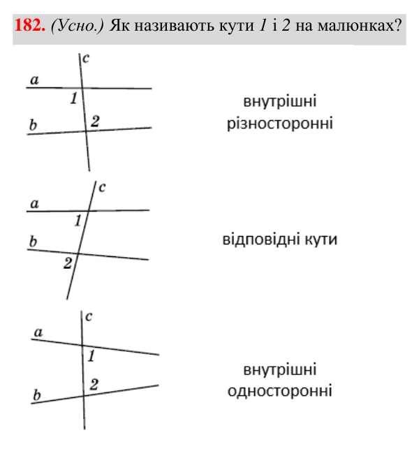 Відповідь до завдання 182 (с. 57) з геометрії для 7 класу (Істер, 2024): Кути, утворені при перетині двох прямих січною.…