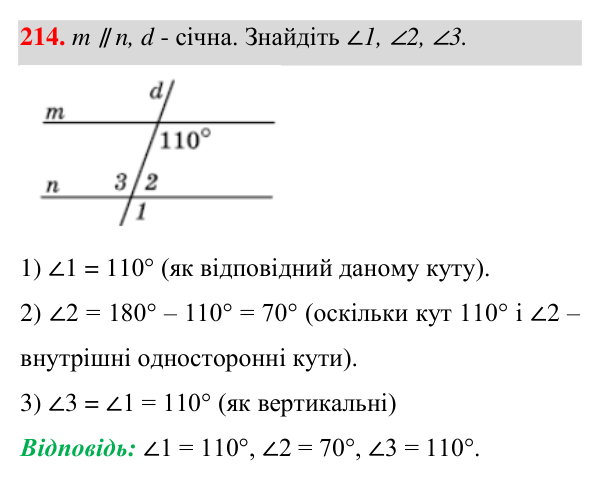 Завдання 214 Відповідь до завдання 214 (с. 65) з геометрії для 7 класу (Істер, 2024): Властивість паралельних прямих. Властивості кутів,…