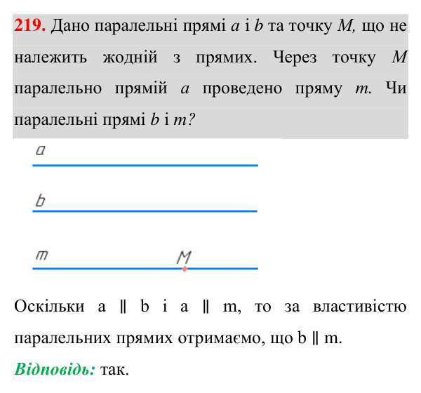 Завдання 219 Відповідь до завдання 219 (с. 65) з геометрії для 7 класу (Істер, 2024): Властивість паралельних прямих. Властивості кутів,…