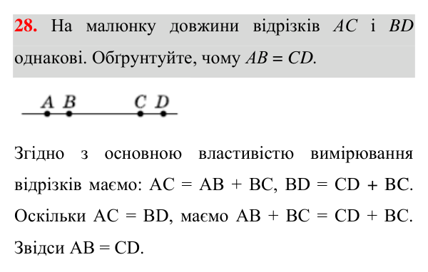 Відповідь до завдання 28 (с. 17) з геометрії для 7 класу (Істер, 2024): Відрізок. Вимірювання відрізків. Відстань між двома…