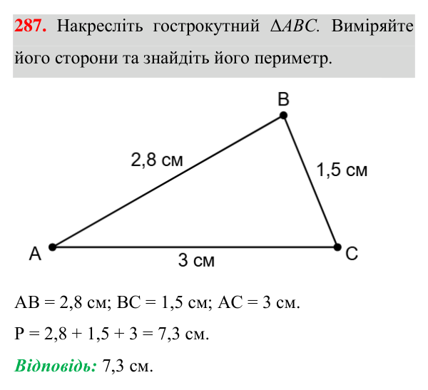 Відповідь до завдання 287 (с. 87) з геометрії для 7 класу (Істер, 2024): Трикутник і його елементи