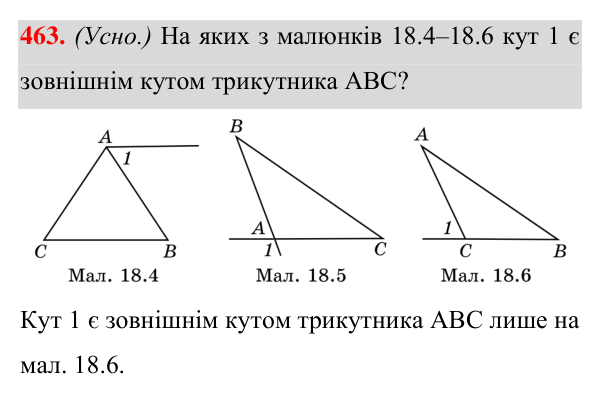 Відповідь до завдання 463 (с. 124) з геометрії для 7 класу (Істер, 2024): Зовнішній кут трикутника та його властивості.…