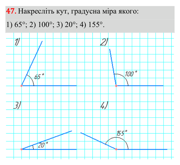 Відповідь до завдання 47 (с. 24) з геометрії для 7 класу (Істер, 2024): Кут. Вимірювання кутів. Бісектриса кута