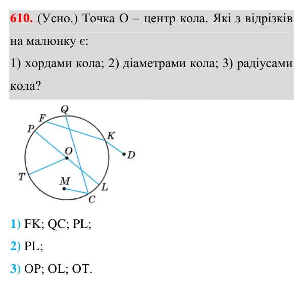 Відповідь до завдання 610 (с. 156) з геометрії для 7 класу (Істер, 2024): Коло і круг