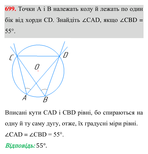 Відповідь до завдання 699 (с. 176) з геометрії для 7 класу (Істер, 2024): Центральні та вписані кути