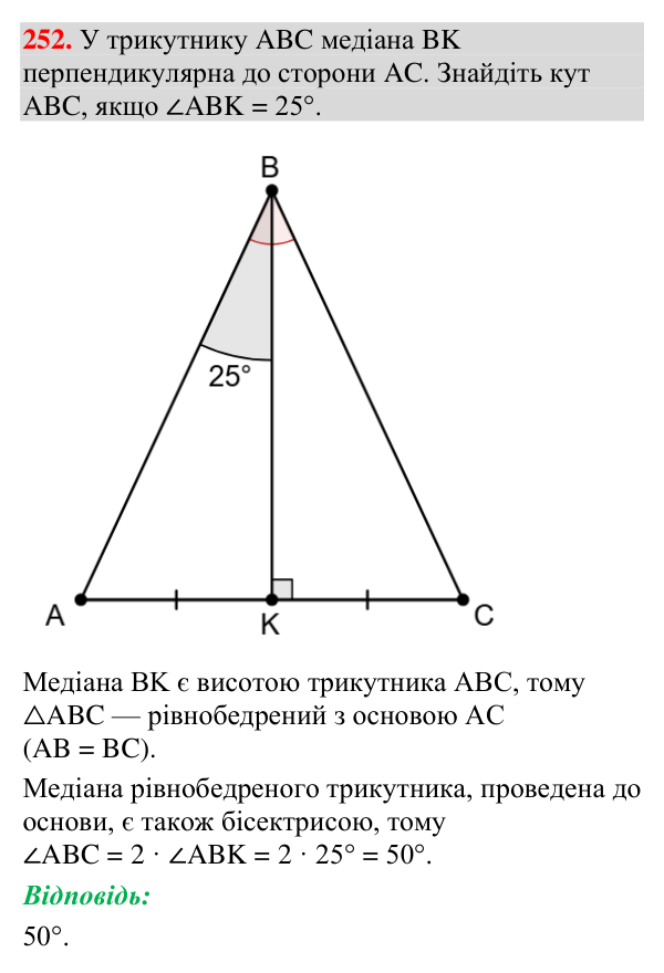 Відповідь до завдання 252 (с. 97) з геометрії для 7 класу (Мерзляк, 2024): Ознаки рівнобедреного трикутника