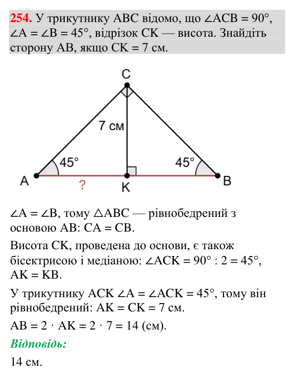 Відповідь до завдання 254 (с. 97) з геометрії для 7 класу (Мерзляк, 2024): Ознаки рівнобедреного трикутника
