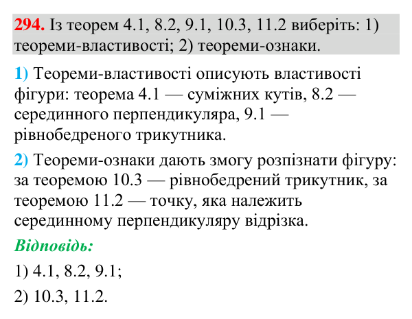 Завдання 294 Відповідь до завдання 294 (с. 109) з геометрії для 7 класу (Мерзляк, 2024): Теореми