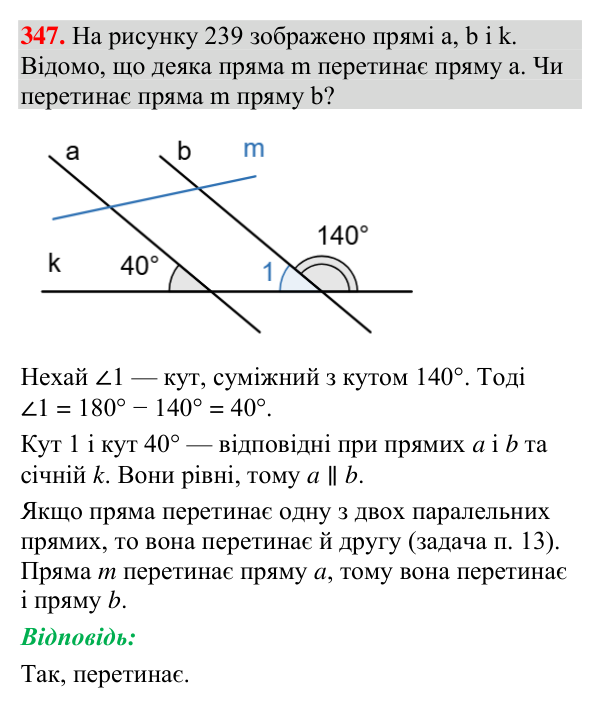 Відповідь до завдання 347 (с. 137) з геометрії для 7 класу (Мерзляк, 2024): Ознаки паралельності двох прямих