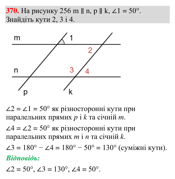 Завдання 370 Відповідь до завдання 370 (с. 145) з геометрії для 7 класу (Мерзляк, 2024): Властивості паралельних прямих