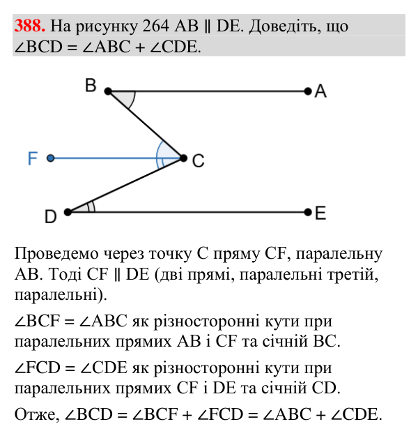 Відповідь до завдання 388 (с. 147) з геометрії для 7 класу (Мерзляк, 2024): Властивості паралельних прямих