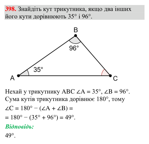 Завдання 398 Відповідь до завдання 398 (с. 151) з геометрії для 7 класу (Мерзляк, 2024): Сума кутів трикутника
