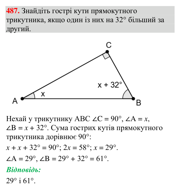 Завдання 487 Відповідь до завдання 487 (с. 168) з геометрії для 7 класу (Мерзляк, 2024): Прямокутний трикутник