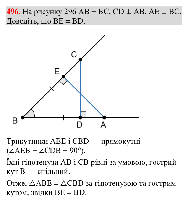 Відповідь до завдання 496 (с. 169) з геометрії для 7 класу (Мерзляк, 2024): Прямокутний трикутник