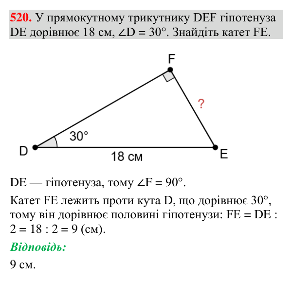 Відповідь до завдання 520 (с. 174) з геометрії для 7 класу (Мерзляк, 2024): Властивості прямокутного трикутника