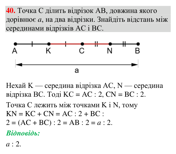Завдання 40 Відповідь до завдання 40 (с. 25) з геометрії для 7 класу (Мерзляк, 2024): Відрізок і його довжина