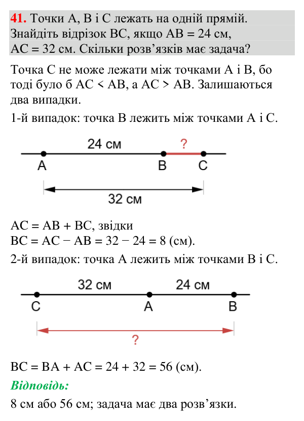 Відповідь до завдання 41 (с. 25) з геометрії для 7 класу (Мерзляк, 2024): Відрізок і його довжина
