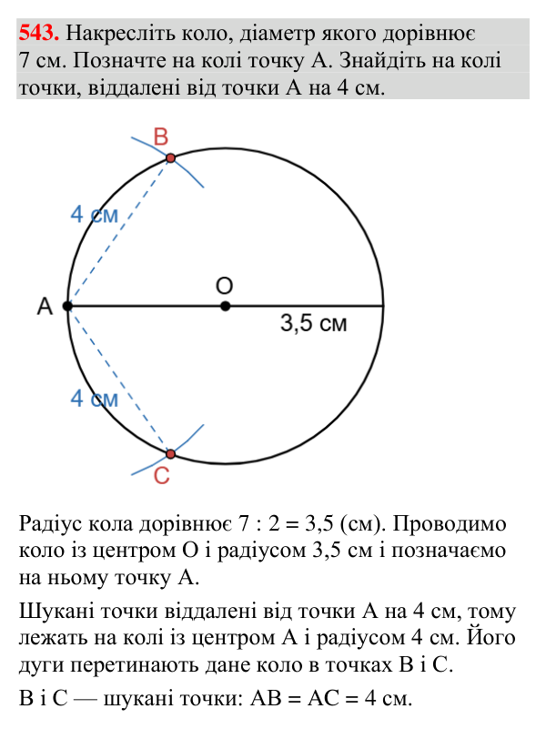 Відповідь до завдання 543 (с. 190) з геометрії для 7 класу (Мерзляк, 2024): Геометричне місце точок. Коло та круг
