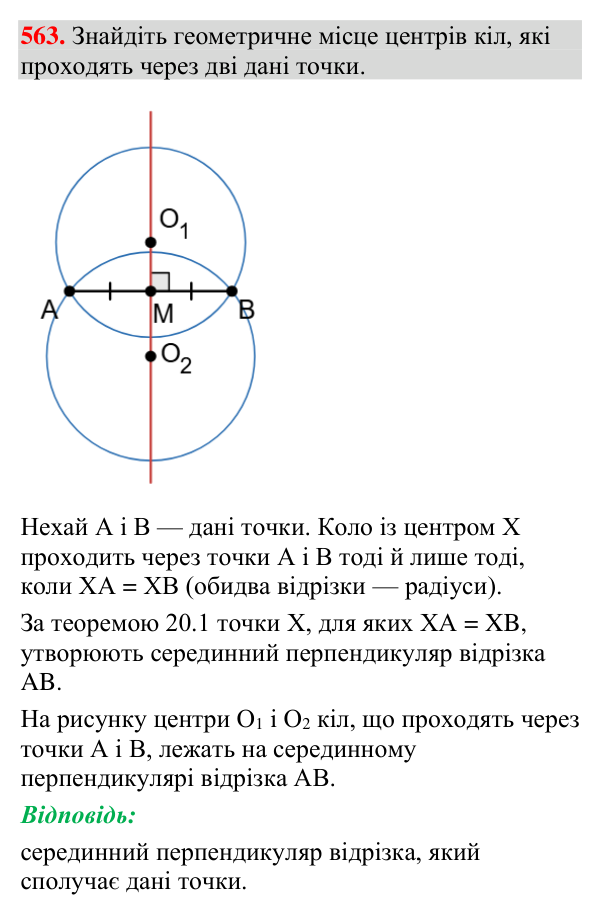 Завдання 563 Відповідь до завдання 563 (с. 193) з геометрії для 7 класу (Мерзляк, 2024): Геометричне місце точок. Коло та круг