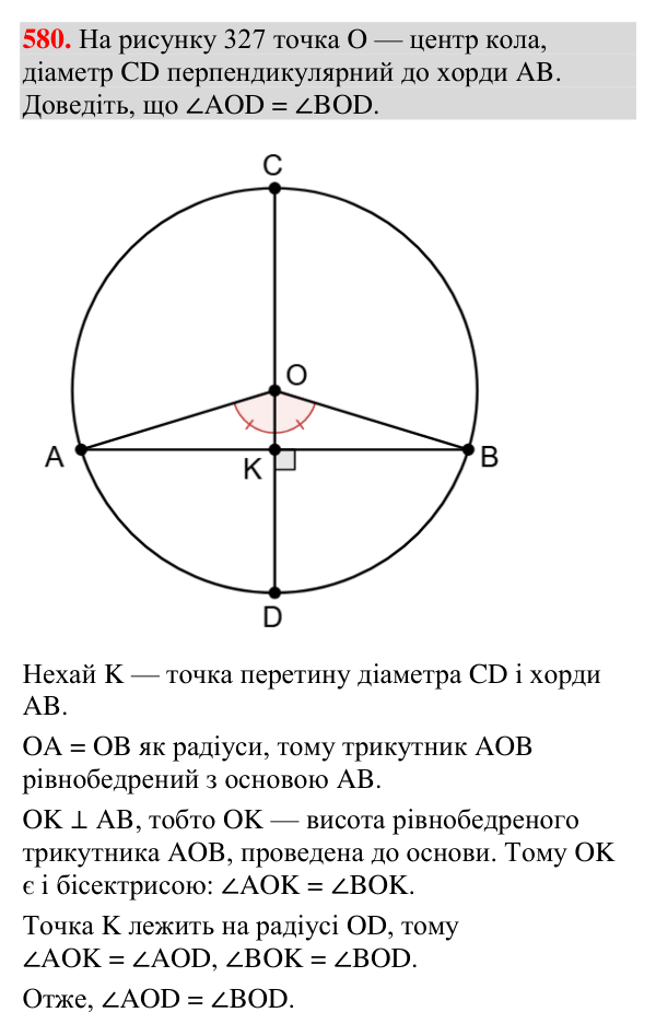 Завдання 580 Відповідь до завдання 580 (с. 198) з геометрії для 7 класу (Мерзляк, 2024): Деякі властивості кола. Дотична до кола