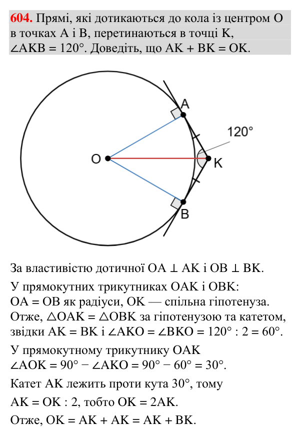 Відповідь до завдання 604 (с. 201) з геометрії для 7 класу (Мерзляк, 2024): Деякі властивості кола. Дотична до кола