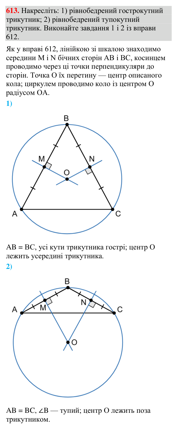 Відповідь до завдання 613 (с. 206) з геометрії для 7 класу (Мерзляк, 2024): Описане та вписане кола трикутника