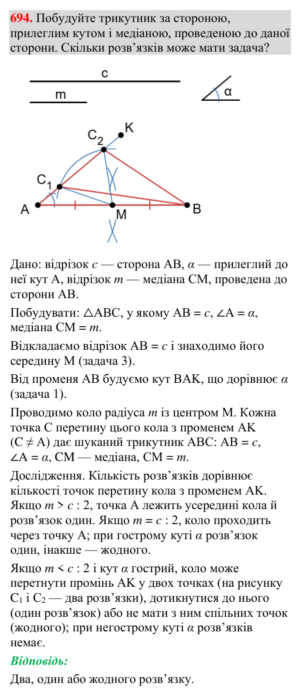 Відповідь до завдання 694 (с. 223) з геометрії для 7 класу (Мерзляк, 2024): Задачі на побудову