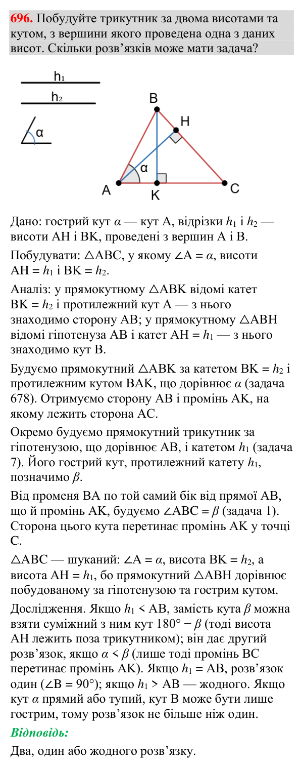Відповідь до завдання 696 (с. 223) з геометрії для 7 класу (Мерзляк, 2024): Задачі на побудову
