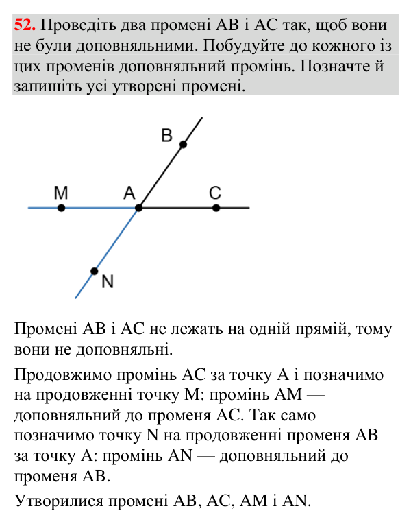 Відповідь до завдання 52 (с. 34) з геометрії для 7 класу (Мерзляк, 2024): Промінь. Кут. Вимірювання кутів