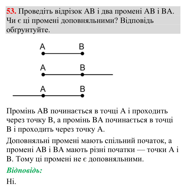 Завдання 53 Відповідь до завдання 53 (с. 34) з геометрії для 7 класу (Мерзляк, 2024): Промінь. Кут. Вимірювання кутів