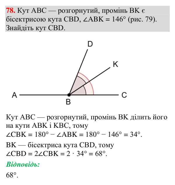 Відповідь до завдання 78 (с. 38) з геометрії для 7 класу (Мерзляк, 2024): Промінь. Кут. Вимірювання кутів