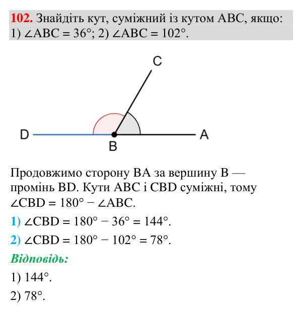 Відповідь до завдання 102 (с. 42) з геометрії для 7 класу (Мерзляк, 2024): Суміжні та вертикальні кути