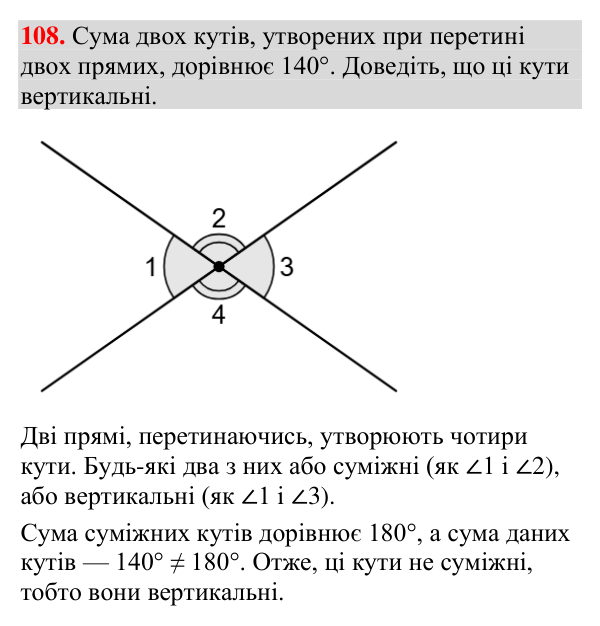 Завдання 108 Відповідь до завдання 108 (с. 43) з геометрії для 7 класу (Мерзляк, 2024): Суміжні та вертикальні кути
