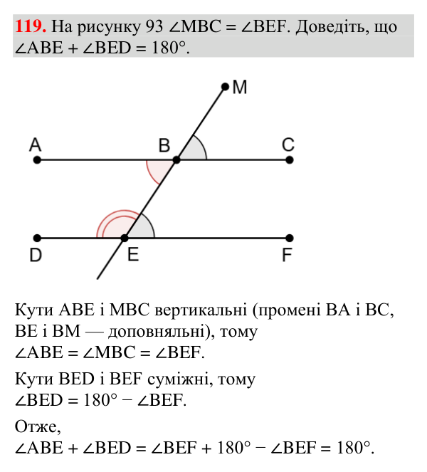 Завдання 119 Відповідь до завдання 119 (с. 44) з геометрії для 7 класу (Мерзляк, 2024): Суміжні та вертикальні кути