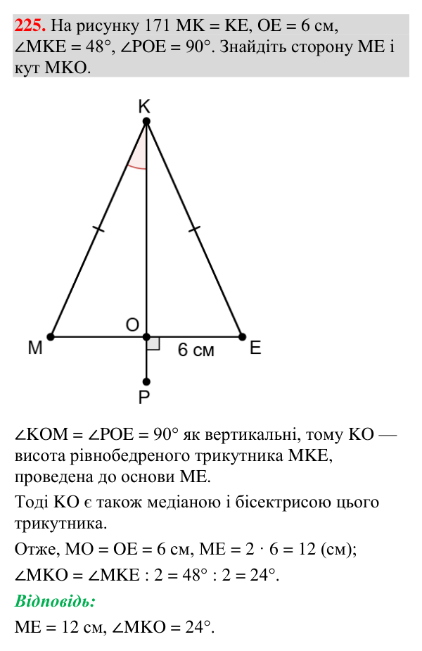 Відповідь до завдання 225 (с. 90) з геометрії для 7 класу (Мерзляк, 2024): Рівнобедрений трикутник та його властивості