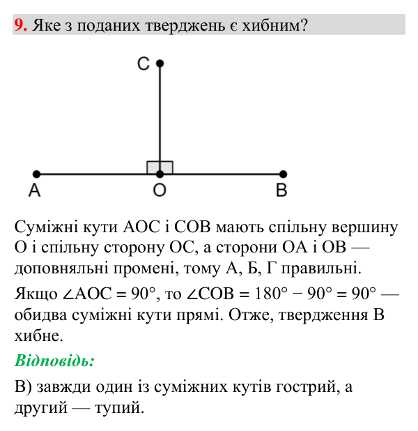 Відповідь до тестового завдання 9 (с. 60) з геометрії для 7 класу (Мерзляк, 2024): «Перевірте себе» № 1