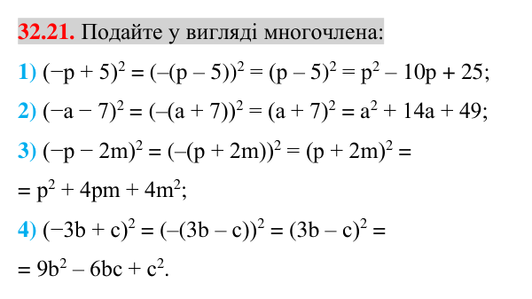 Завдання 32.21 Відповідь до завдання 32.21 (с. 10) з математики для 7 класу (Істер, 2024): Квадрат суми і квадрат різниці