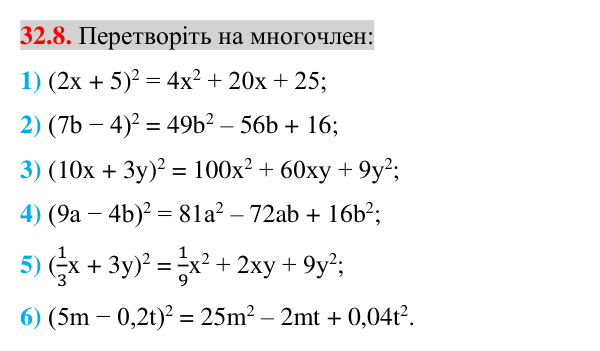 Відповідь до завдання 32.8 (с. 9) з математики для 7 класу (Істер, 2024): Квадрат суми і квадрат різниці