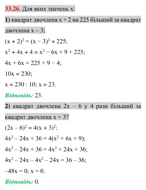 Відповідь до завдання 33.26 (с. 18) з математики для 7 класу (Істер, 2024): Розкладання многочленів на множники за допомогою…