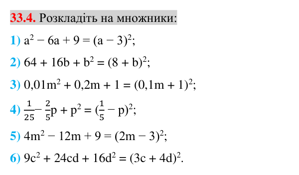 Відповідь до завдання 33.4 (с. 15) з математики для 7 класу (Істер, 2024): Розкладання многочленів на множники за допомогою…